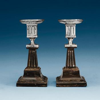 867. A pair of Swedish early 19th century silver and wood candlesticks, marks of Lorenz Georg Weis, Norrköping (1791-1829).