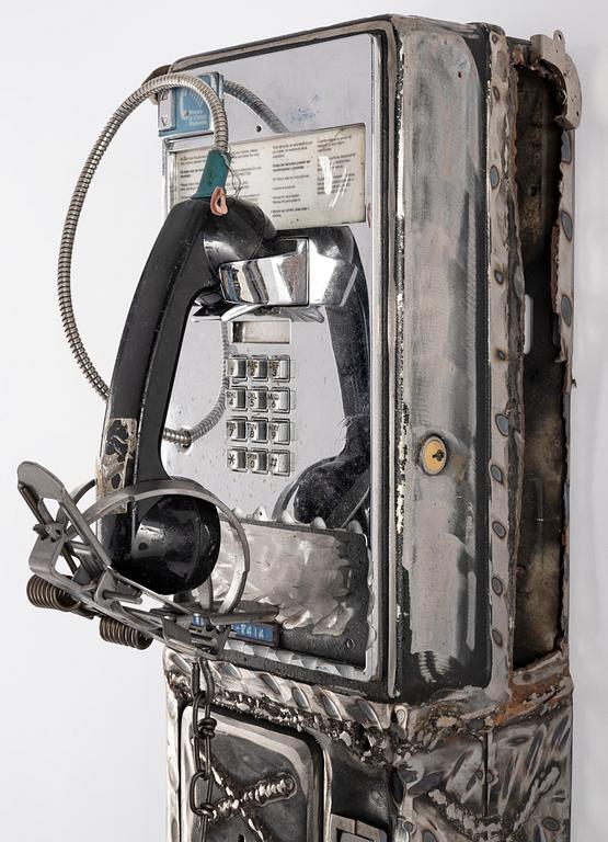 Jason Matthew Lee, hardrive magnets, animal trap, on cut and welded payphones. Executed in 2017.