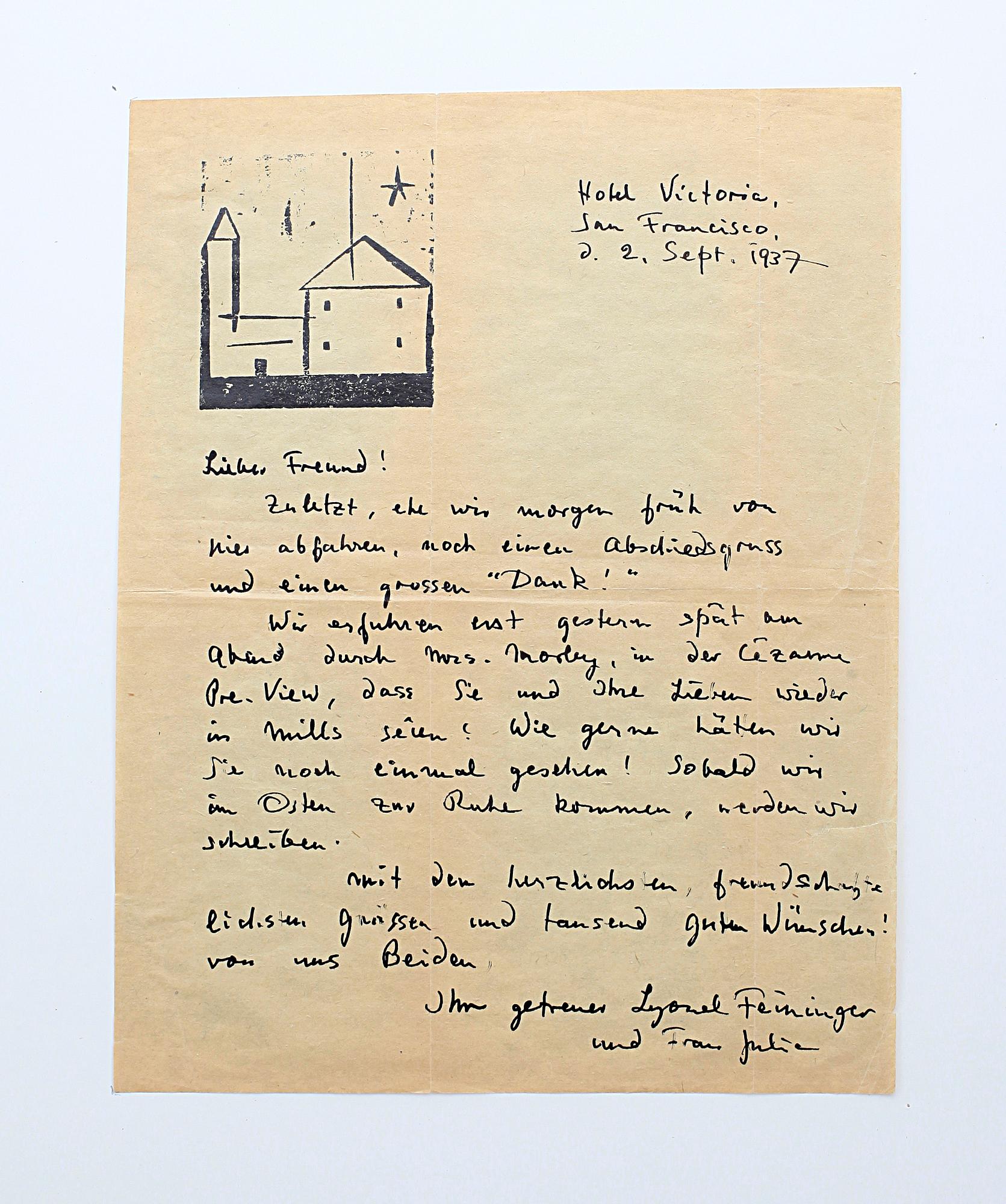 LYONEL FEININGER, träsnitt på handskrivet brev, sign o dat San Francisco 2 sept 1937.