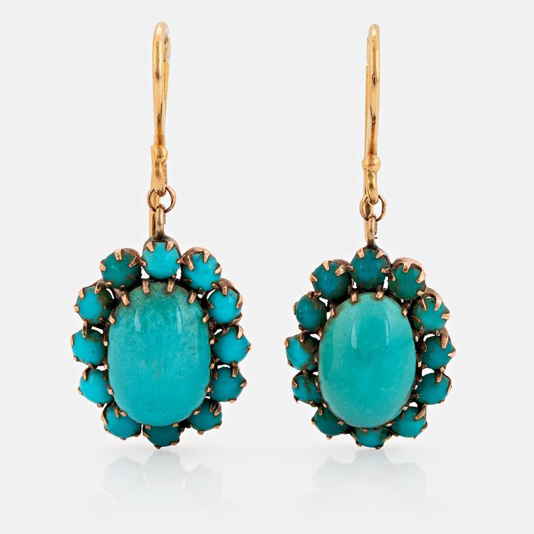 A pair of 18K and 9K gold earrings set with turquoises.