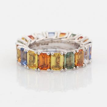 Emerald cut multi coloured sapphire ring.