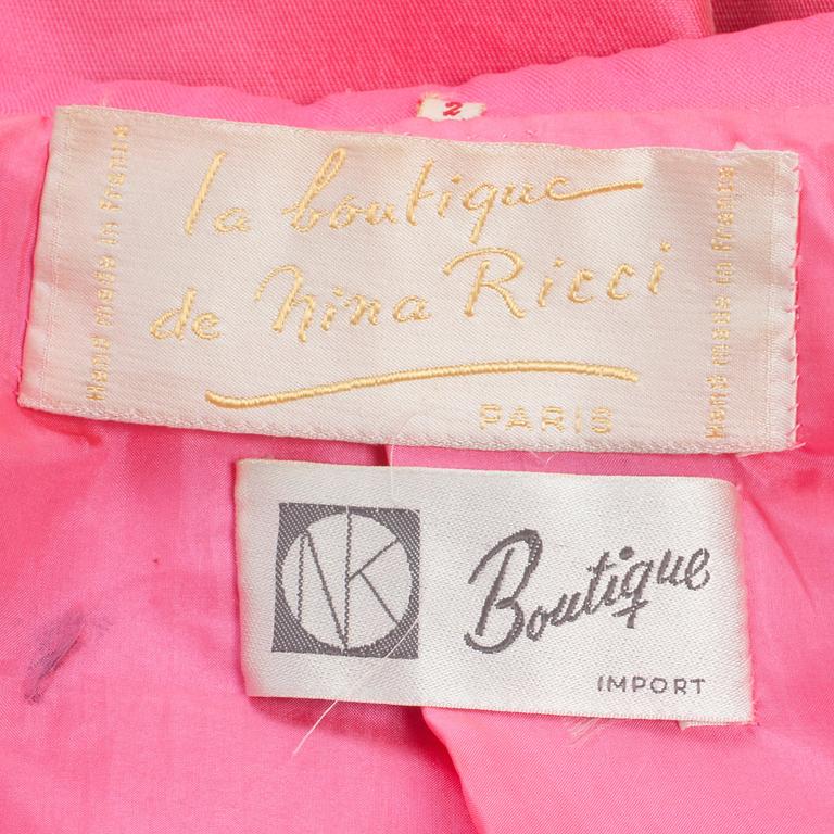 NINA RICCI, a pink silk evening dress with jacket and belt from the 1960s.