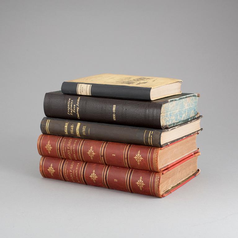 BOKPARTI OM UPPTÄCKTSRESOR, 5 vol, bla Vegas färd kring Asien och Europa, I-II, av A.E. Nordenskiöld, Stockholm 1880-81.