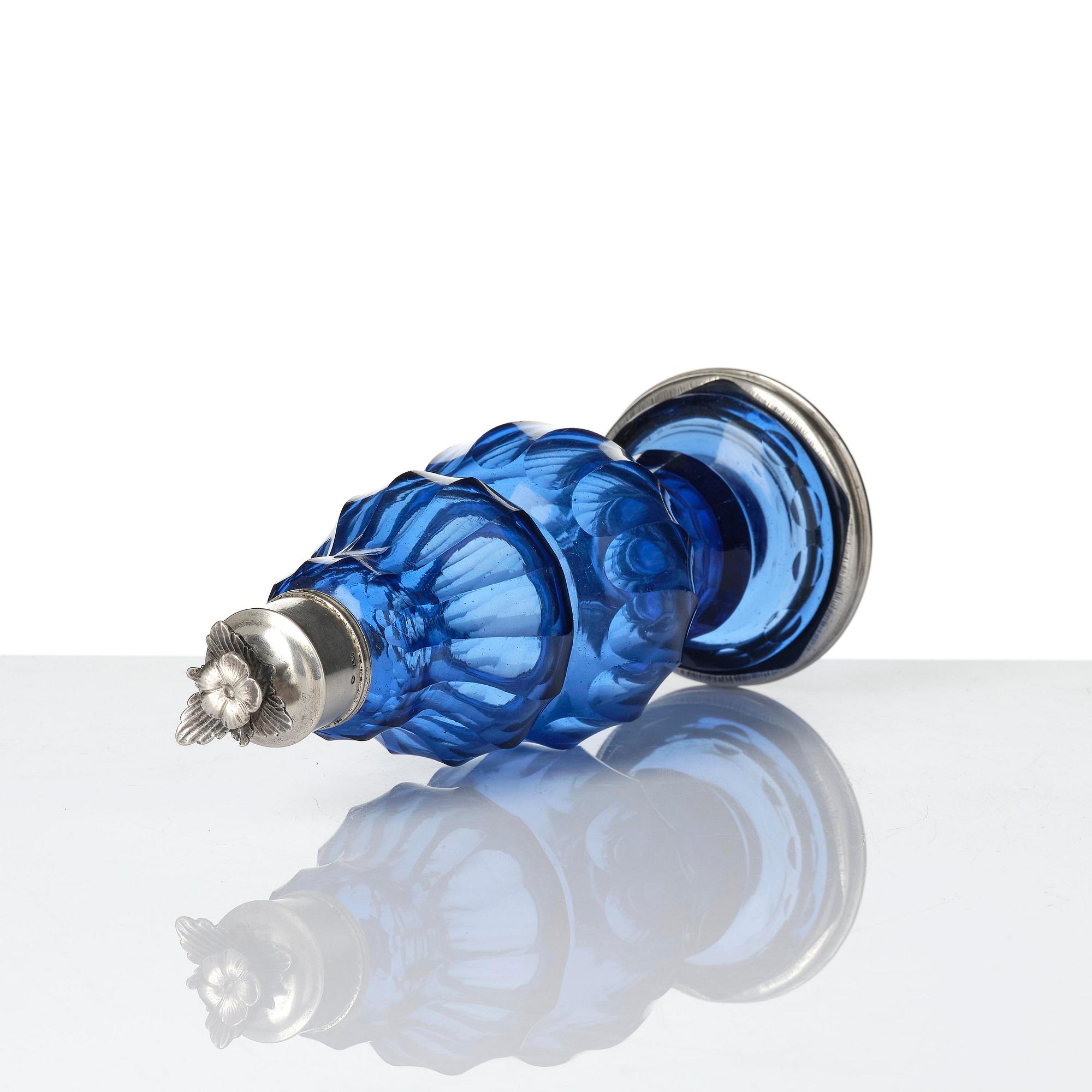 A Swedish Rococo blue glass and silver bottle, marked Lorenz Vick (Ulricehamn 1766-1808).