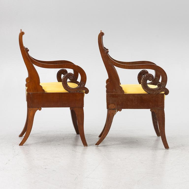 A pair of Russian/Baltic Empire mahogany armchairs, 1830's/40's.