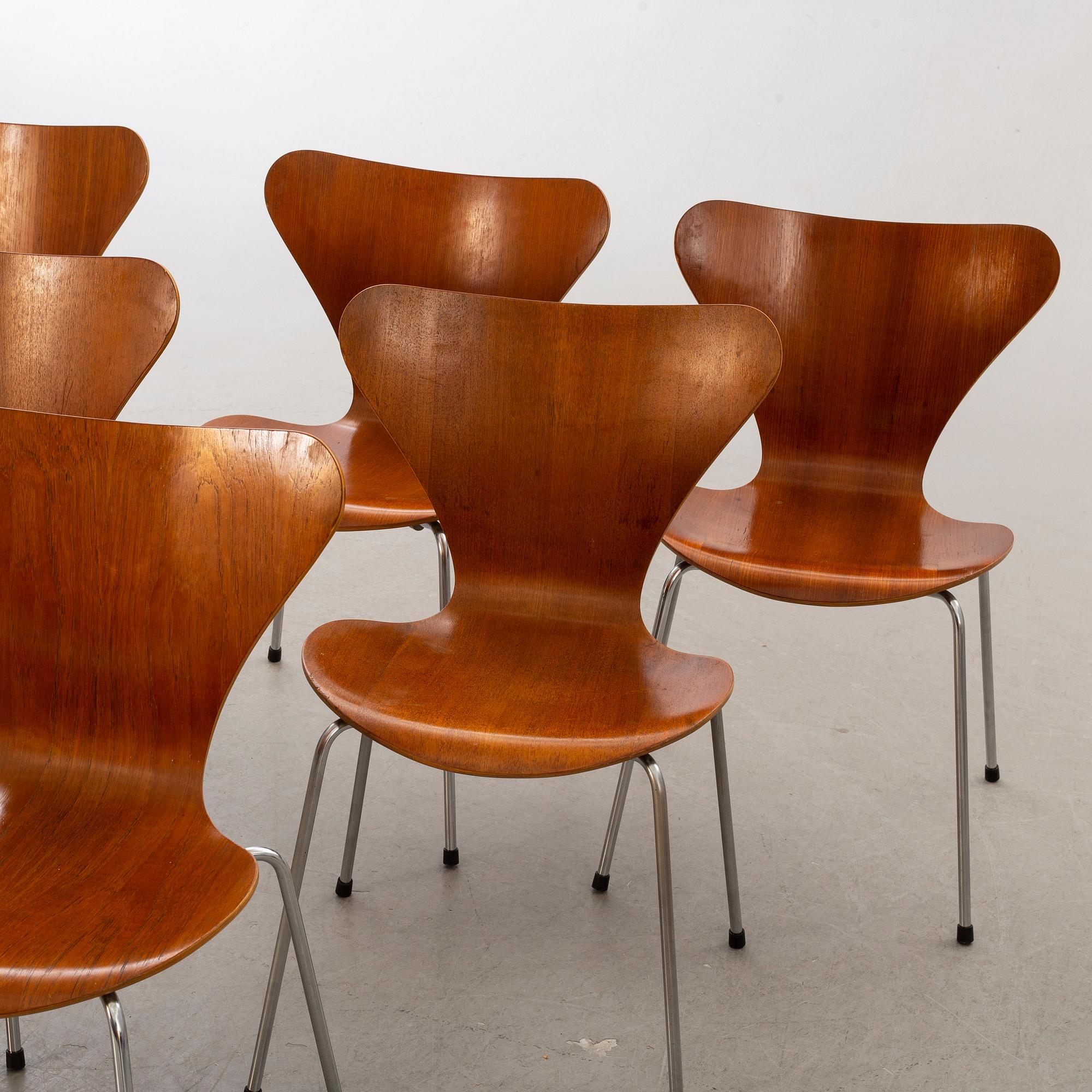 ARNE JACOBSEN, stolar 6 st "Sjuan för Fritz Hansen Danmark sent 1900-tal.