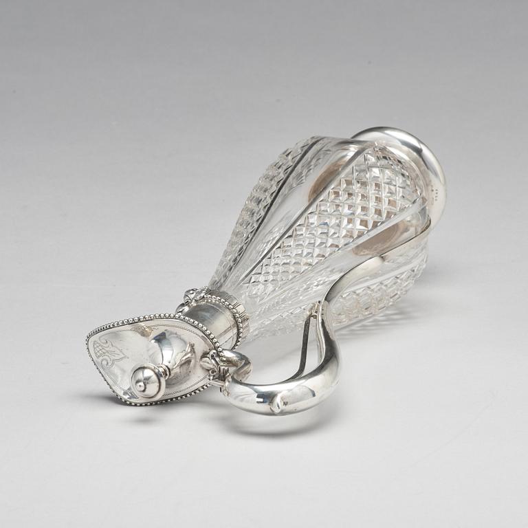 A Swedish 19th century parcel-gilt silver and glass wine-jug, mark of Lars Larsson & Co, Stockholm 1872.