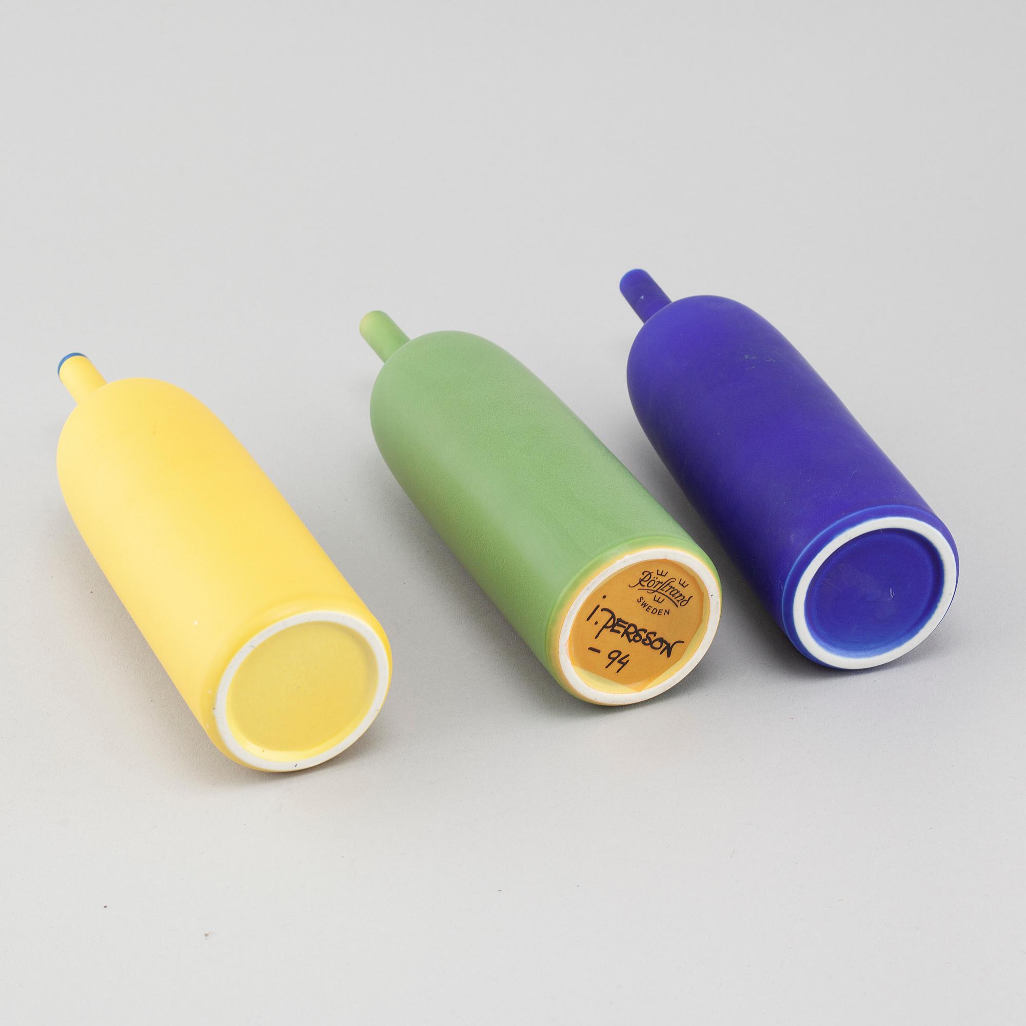 INGER PERSSON, three porcelain vases for Rörstrand, model "Pro Arte", two test models, not signed, and one signed, 1990s.