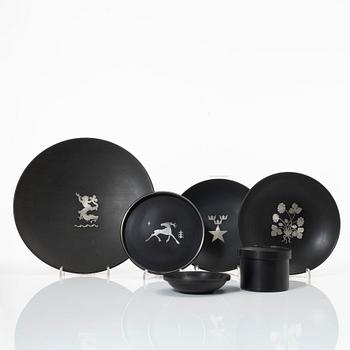 Five dishes, and one box with gaming chips, isolite with silver decor, Perstorp, Sweden, mid-20th century.