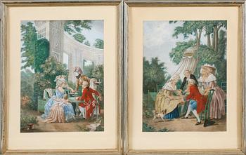 GRAVYRER, 1 par, handkolorerade, 1800-tal.