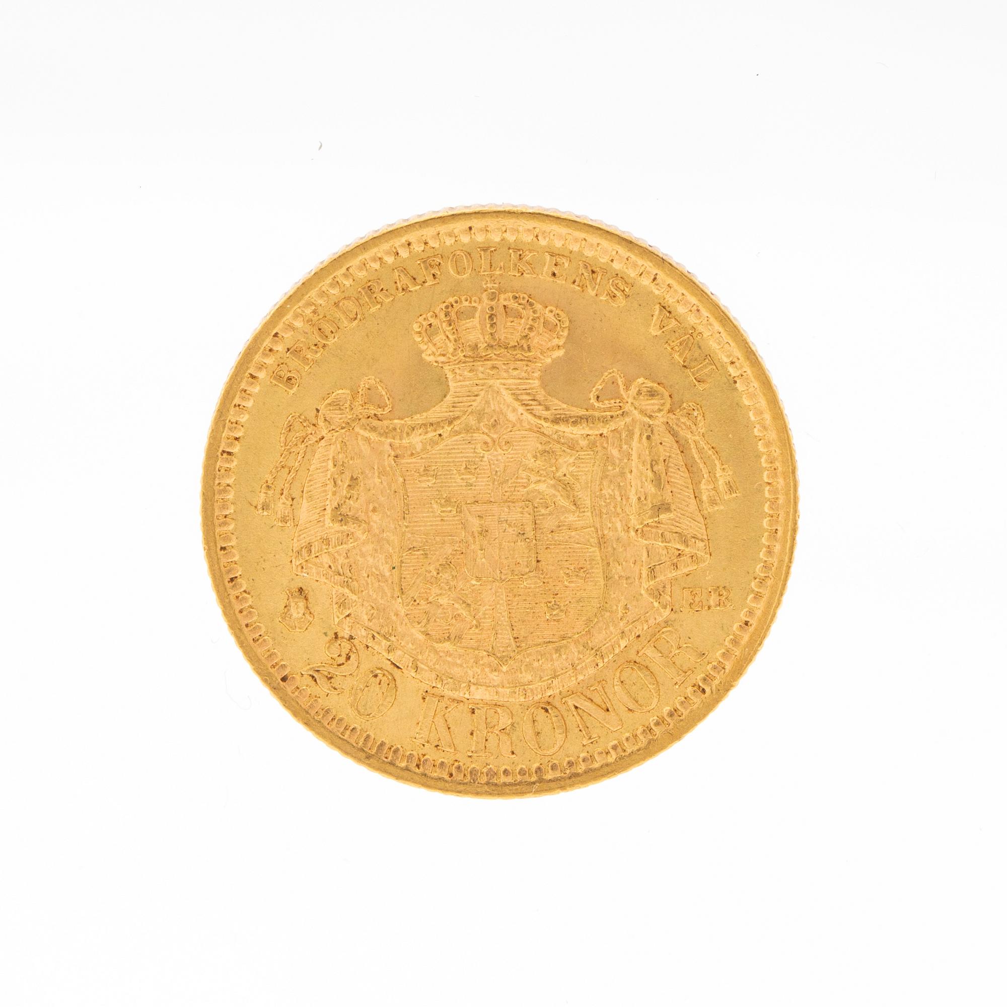 Gold coin 20kr Oscar II Sweden and Norway 1880.