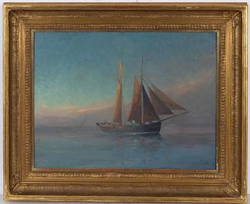 Ludvig Richarde, Two-masted flat-bottomed vessel in haze.