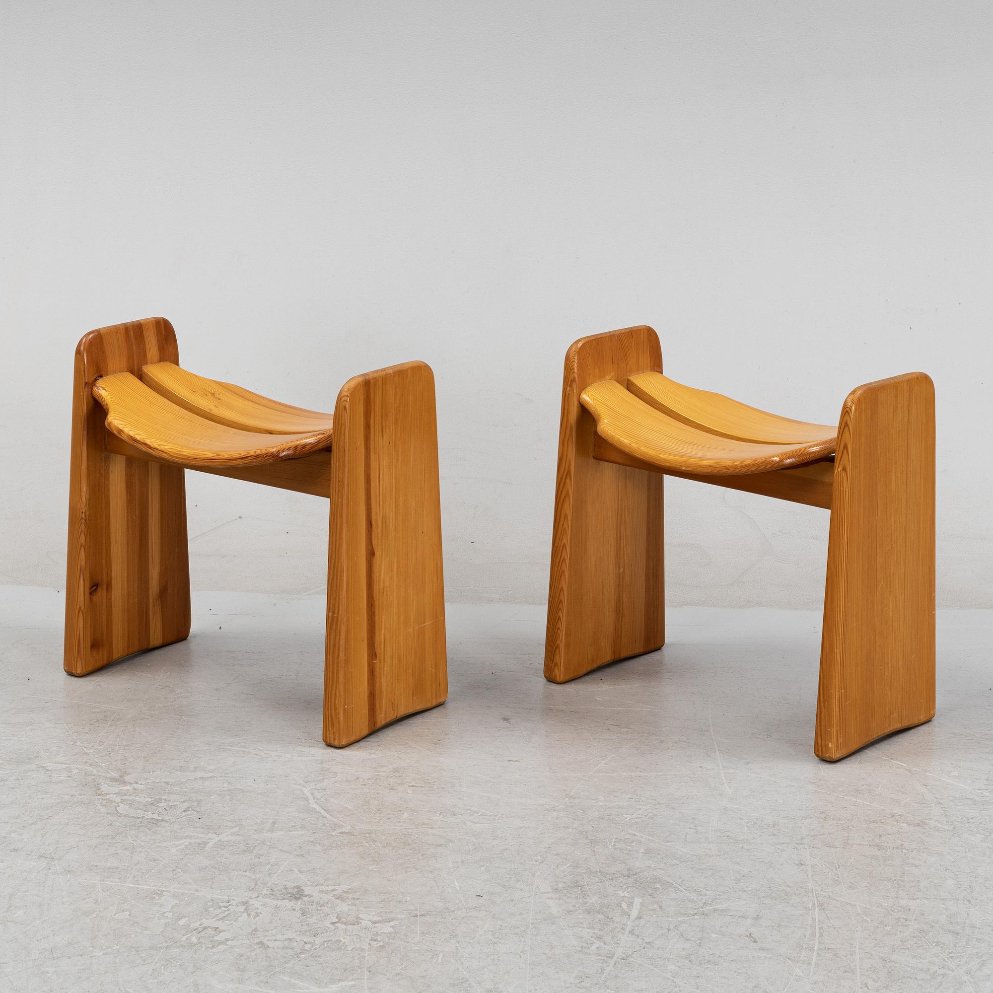 A pair of 'Jonte' pine stools by Gilbert Marklund, designed 1969.
