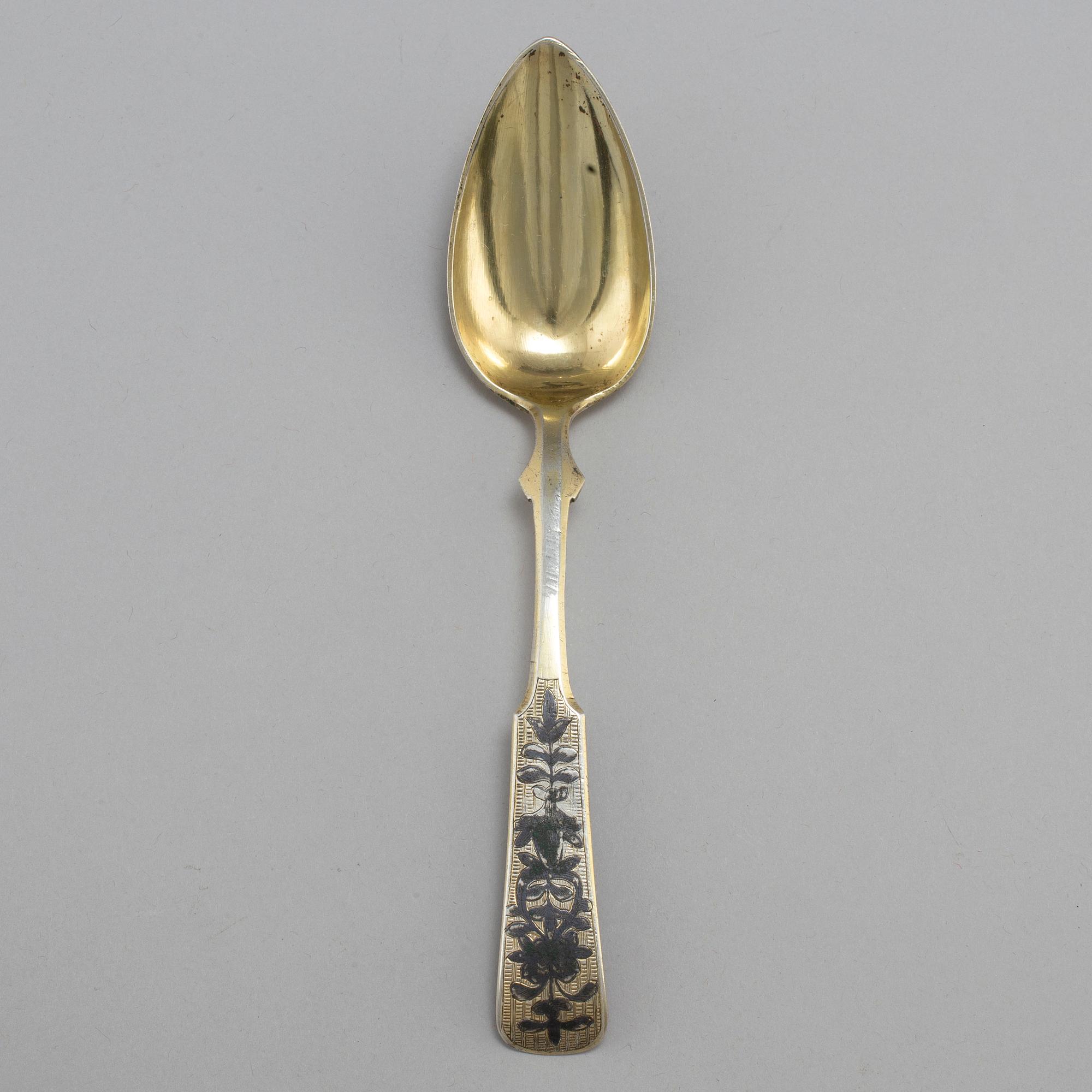 A Russian 19th century silver-gilt and niello spoon, unidentified makers mark, Moscow 1835.