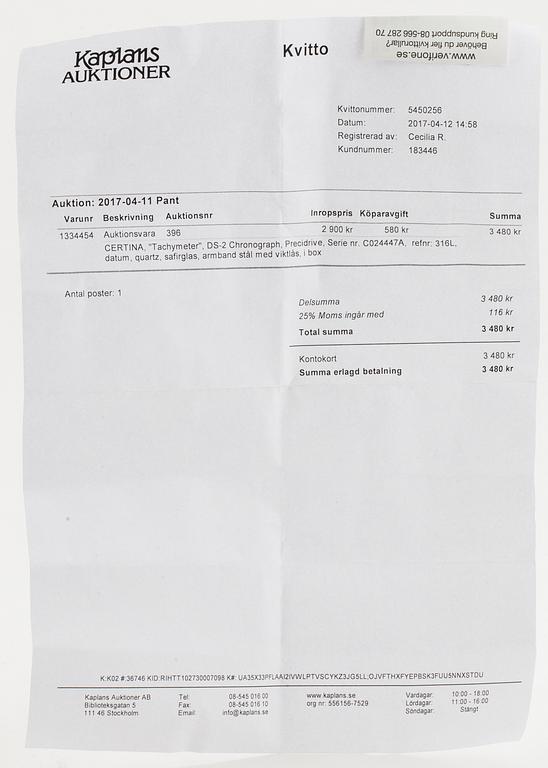 CERTINA, DS-2, Precidrive, kronograf, armbandsur, 41 mm.