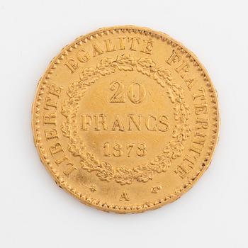 Guldmynt, 20 franc, 1878, 21,6k.