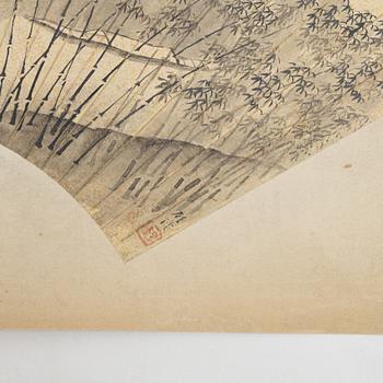 Oidentifierad konstnär, s.k. "Solfjädersmålning", Figur i bambuskog, Kina, 1900-tal.