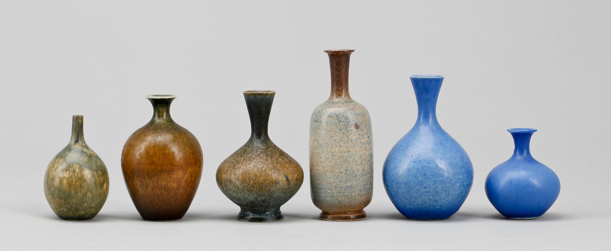 MINIATYRVASER, 6 st, stengods, Sven Wejsfelt Gustavsberg. Signerade.