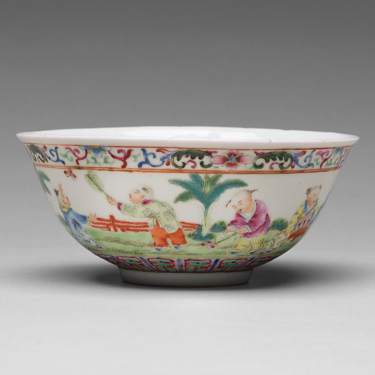 A Chinese famille rose 'boys' bowl, presumably Republic, with Xuantongs mark.