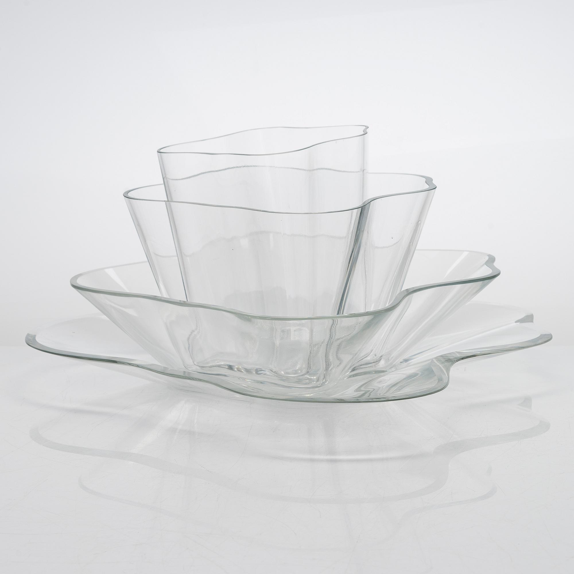 Alvar Aalto, glasskulptur, "Aalto-blomman", 3+1 delar, signerade Alvar Aalto.