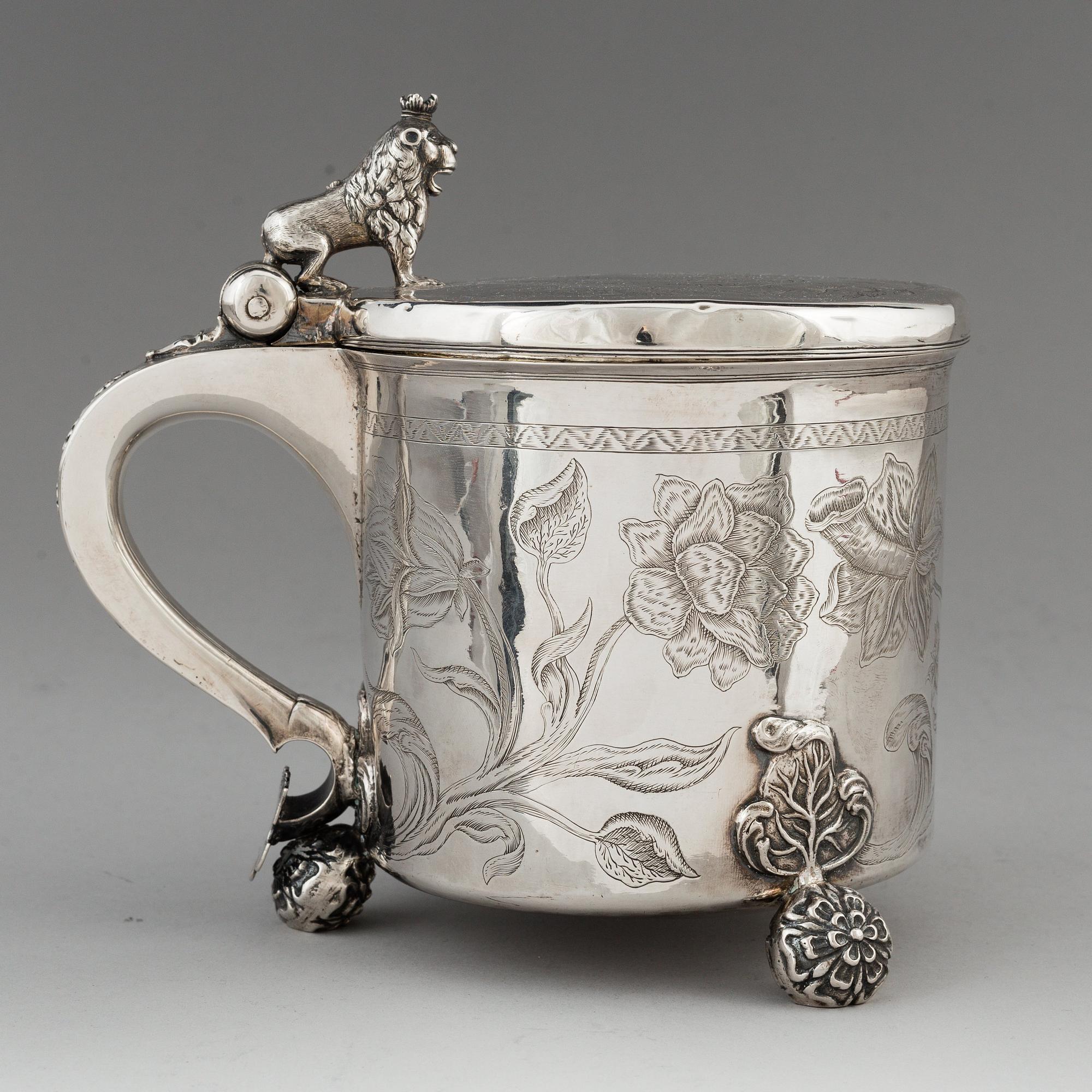 Hans Jorgensen Bull (verksam i Trondhjem 1660-1684), dryckeskanna, silver. Barock.