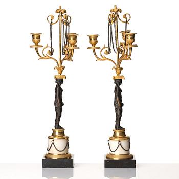 A pair of late Gustavian circa 1800 three-light candelabra, attributed to F L Rung.