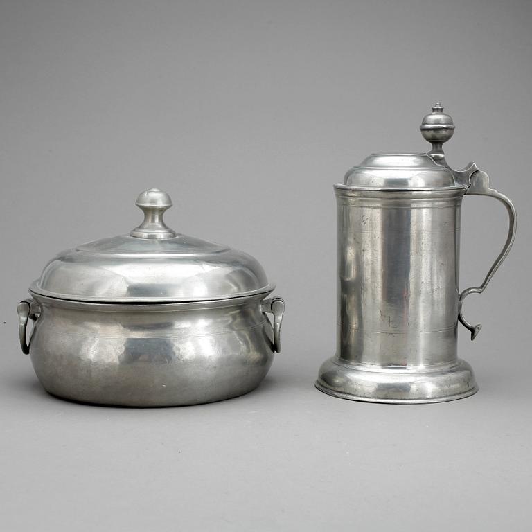 STOP samt GRÖTSKÅL, 2 st, snarlika, tenn, bla C G Wigholm, 1700/1800-tal.