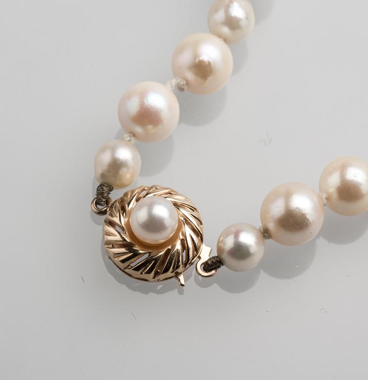PÄRLCOLLIER, odlade pärlor med lås i 18 K guld.