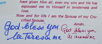 MODER TERESA, 2 namnteckningar.