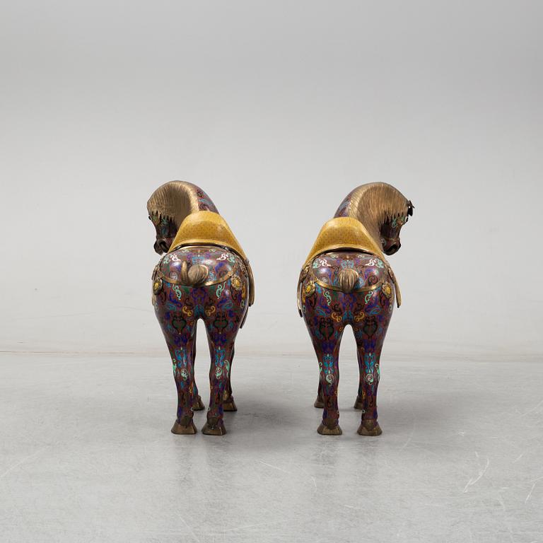 A pair of chinese Cloisonné sculptures, of moden manufacture.
