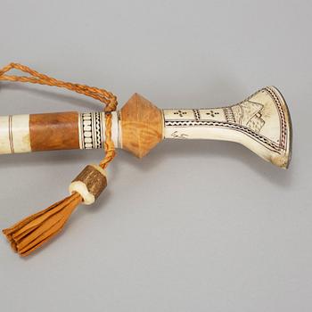 A Sami birch, renideer horn and pewter walking stick.