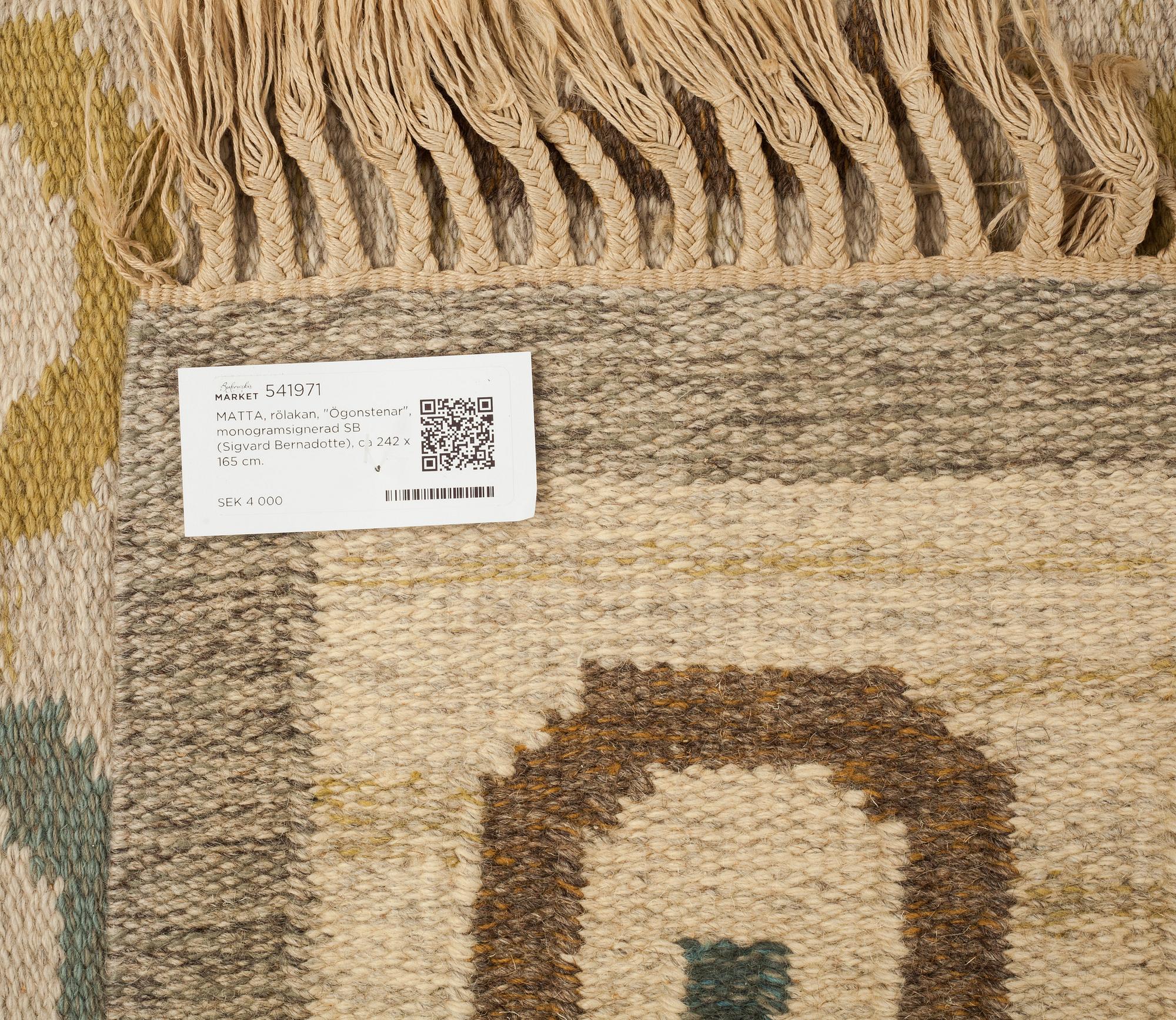 MATTA, rölakan, "Ögonstenar", monogramsignerad SB (Sigvard Bernadotte), ca 242 x 165 cm.