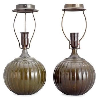 573. Two Just Andersen spherical patinated metal table lamps, Denmark 1920's-30's.