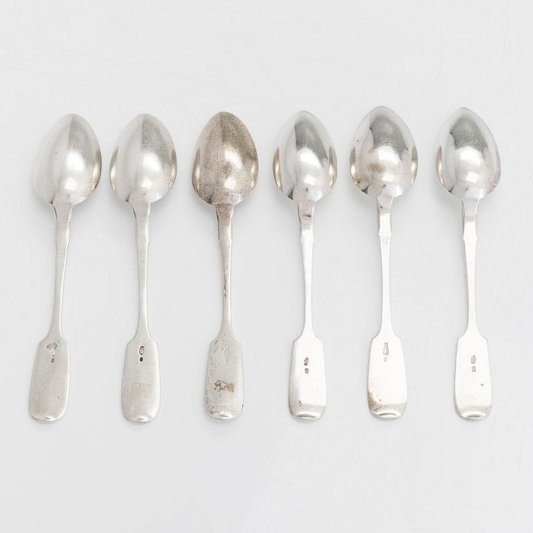 A set of six Russian silver tablespoons, Saint Petersburg 1882 - early 20th century.