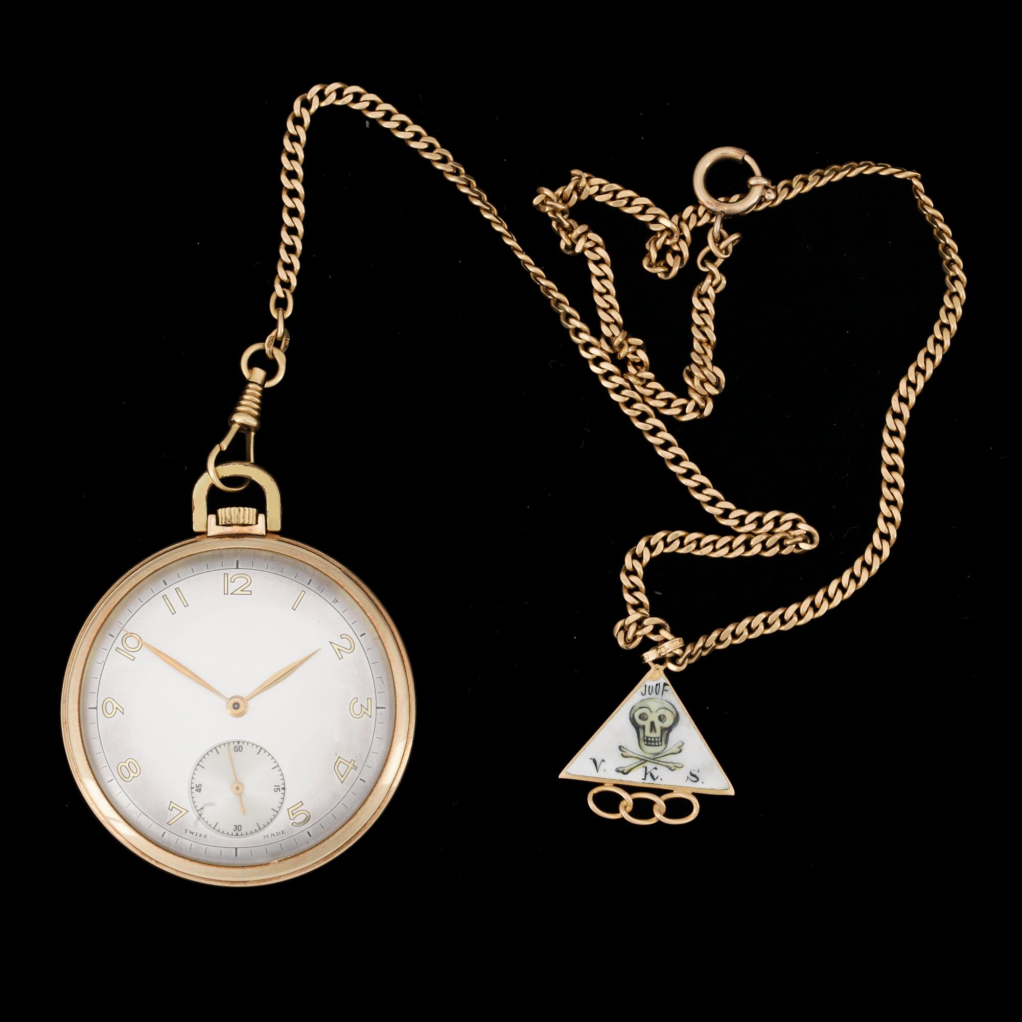 Fickur med Klockkedja, 14k resp kedja 18k guld. Tillverkad i Schweiz, 1900-talets mitt. 46mm.