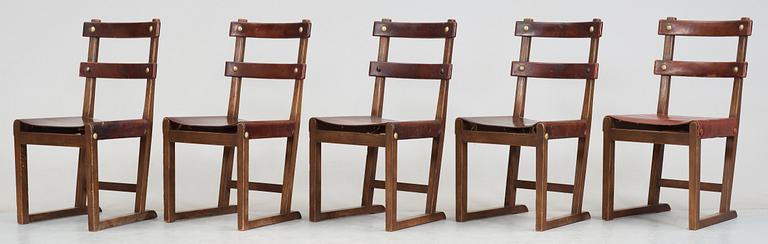 A set of five Axel Einar Hjorth 'Funkis' brown leather and stained wood chairs, Nordiska Kompaniet, Sweden ca 1930.