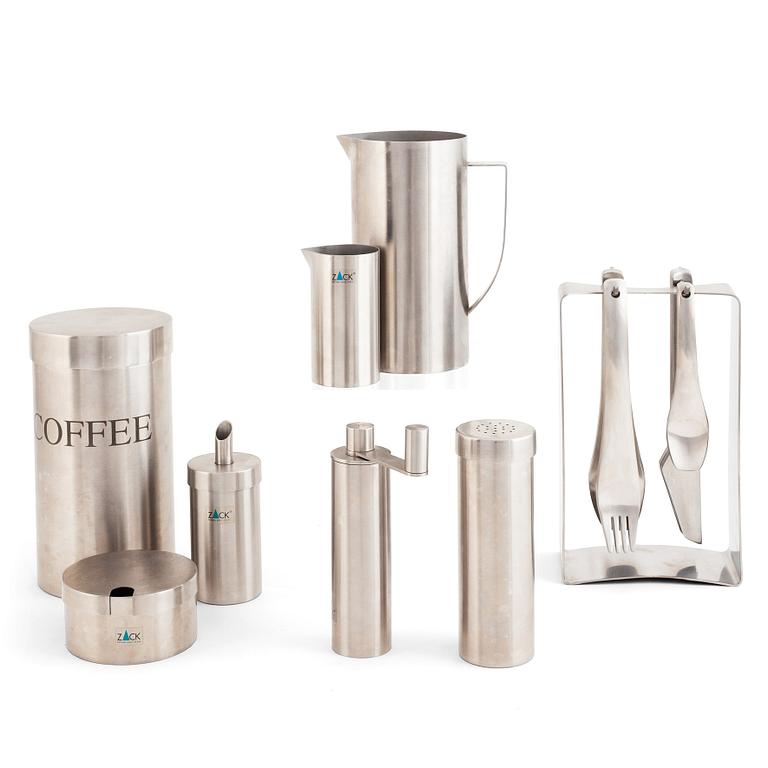 A set of eight stainless steel kitchen objects, 6 marked ZACK.