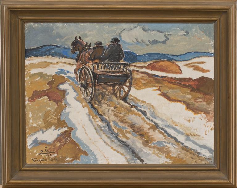 ACKE ÅSLUND, olja på pannå. Monogramsignerad och daterad 1931 "Fjugesta April".