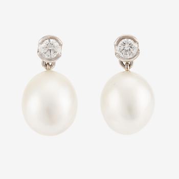 Earrings, a pair, with cultured pearls and brilliant-cut diamonds.