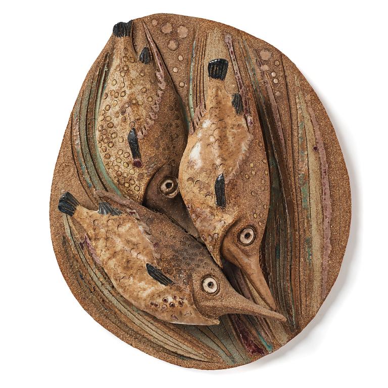 Tyra Lundgren, a stoneware relief, Sweden, dated 1956.