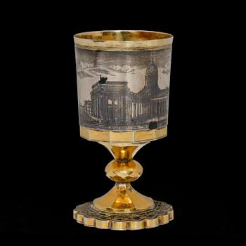 A Russian silver-gilt and niello vodka-cup, makers mark probably of Ivan Sujew, Wologda 1840's.