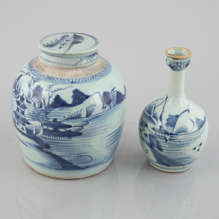 A porcelain flask and urn with cover, China, Qing dynasty, 19th century.