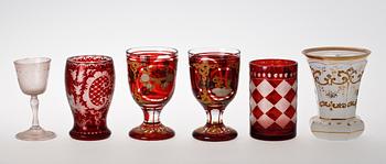 PARTI BÄGARE SAMT GLAS, 6 st, bla Böhmen, 1700-1800-tal.