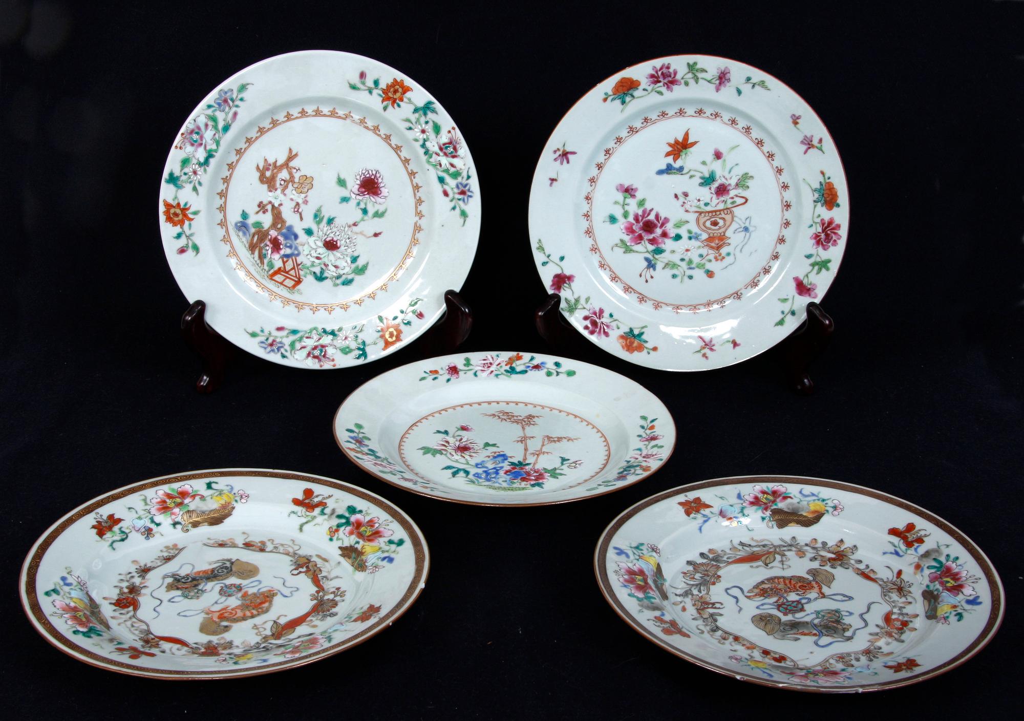 TALLRIKAR, 5 st, porslin, Kina, 1700-tal.