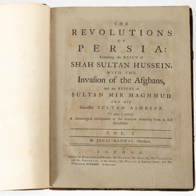 A collection of "Hanway's Travels in Persia" as well as "Tapestries with Figures from the 16th and 17th Centuries" etc.