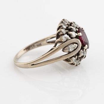 18K white gold, brilliant cut diamond and synthetic ruby ring.