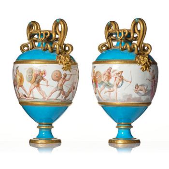 A pair of Minton gilt bronze vases, England, 1860s, probably designed by Alfred Stevens.