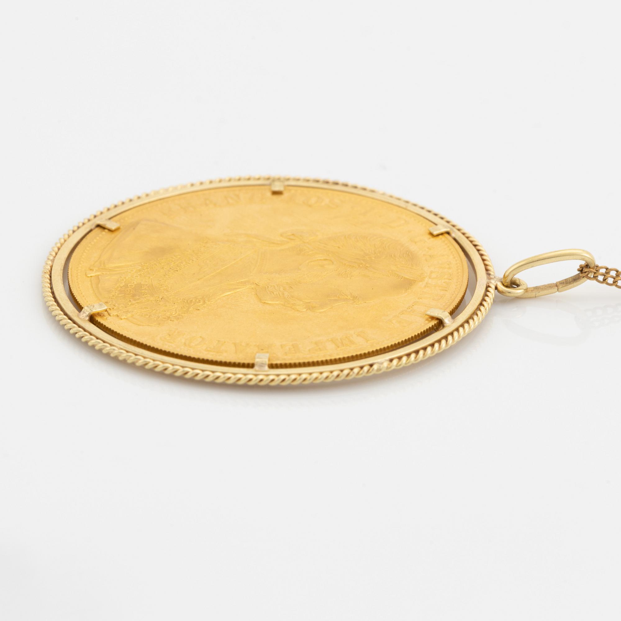 Hängsmycke med mynt, 23K guld, samt mynt, 23K guld, Österrike-Ungern, 1915.