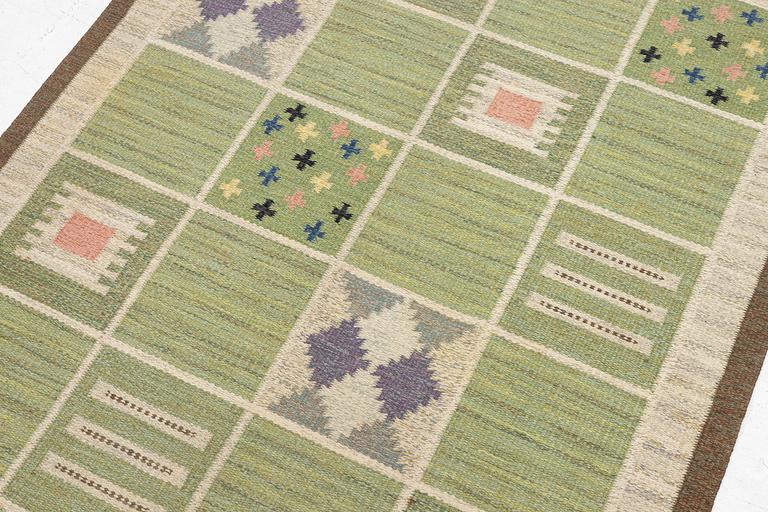 Rakel Carlander, a carpet, flat weave, c. 209 x 139 cm, signed RC.