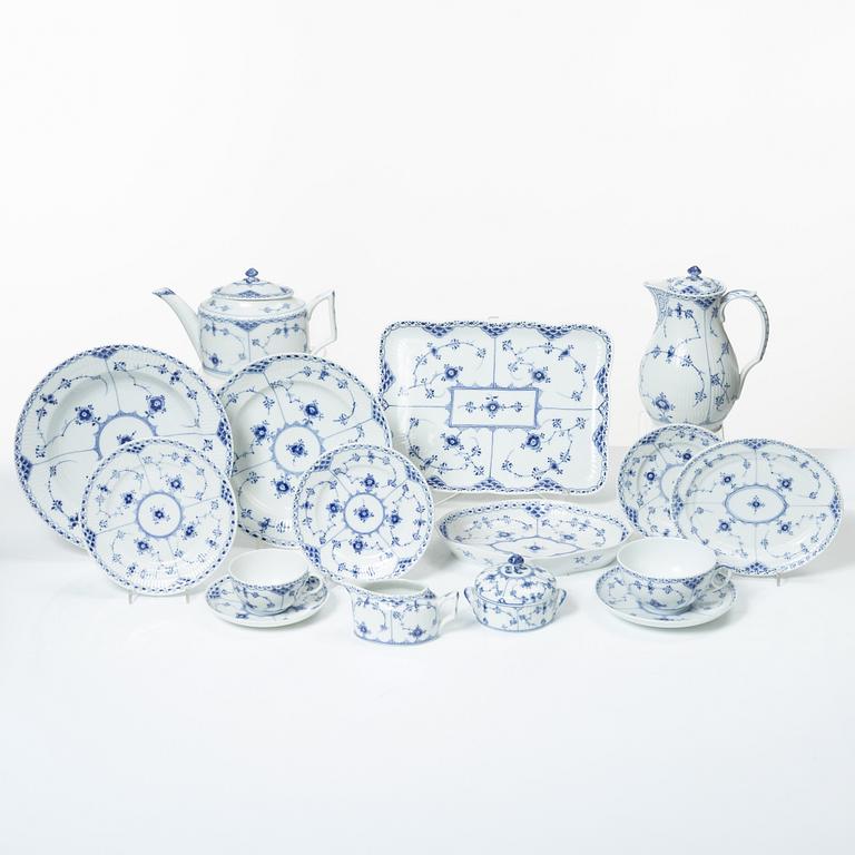 Royal Copenhagen, a 58-piece porcelain 'Blue Fluted' dinner and tea service, Denmark, mostly 1889-1934 but some pieces 1950-1984.